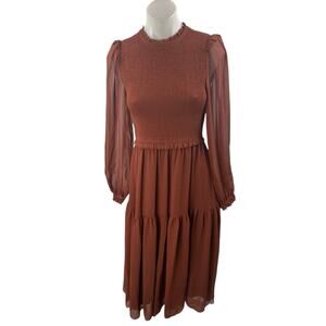 Aritzia Wilfred Rosalyn Brown Long Sleeve Mesh Smocked Tiered Midi Dress Size S